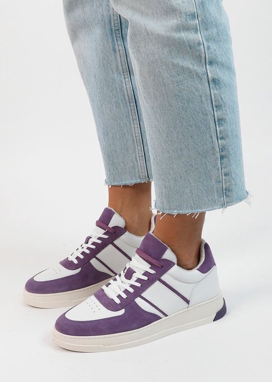 Sacha - Dames - Witte leren sneakers met paarse details - Maat 37 | bol