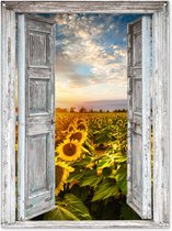 Tuinposter doorkijk - Doorkijk deur - Bloemen - Zonnebloem - Zon - Natuur - Wolken - Geel - Tuindecoratie - Tuin - Tuinschilderij voor buiten - 120x160 cm - Schutting decoratie - Tuindoek - Schuttingdoek