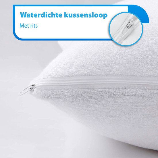 Détail d'une taie d'oreiller blanche imperméable avec fermeture éclair. En tissu éponge.