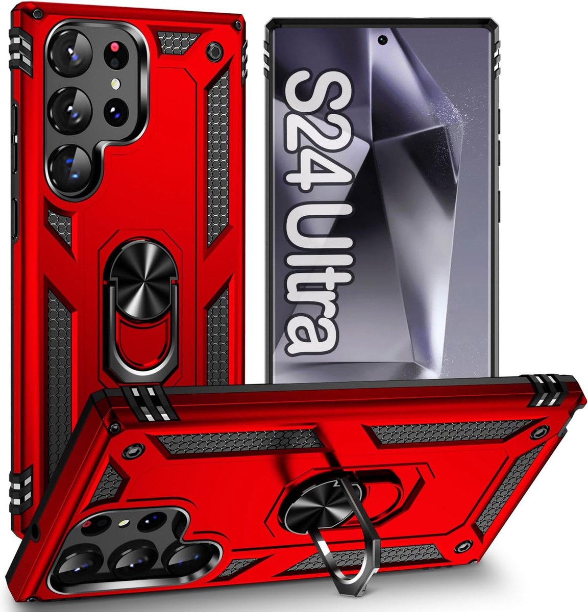 Anti-Shock Hybrid Ring Armor Hoesje Geschikt voor: Samsung Galaxy S24 Ultra - Rood