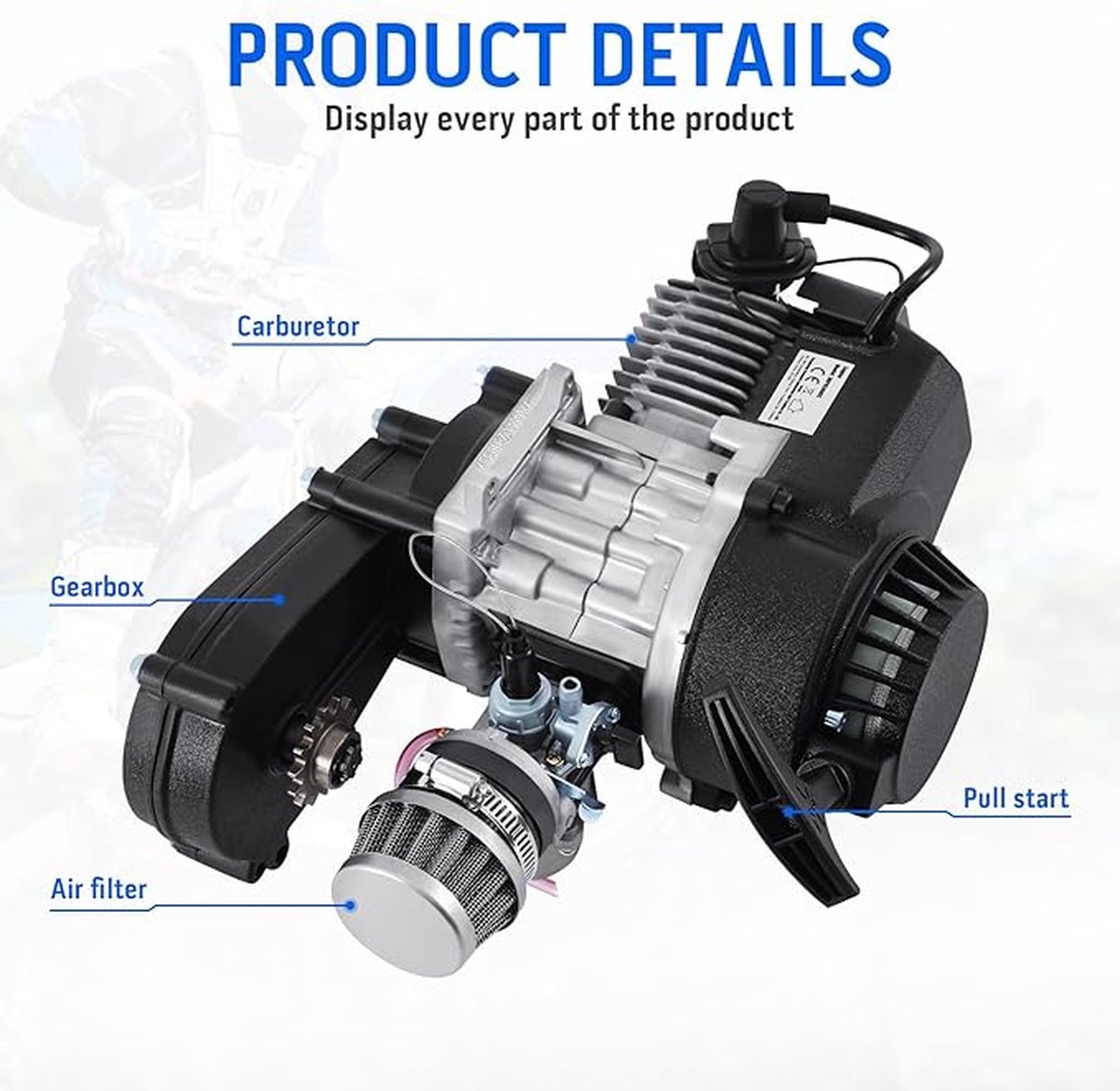 49CC Motor, mini-motor, pocket bike, ATV, quad, transmissie, carburateur voor dirtbike, quad, pocket bike