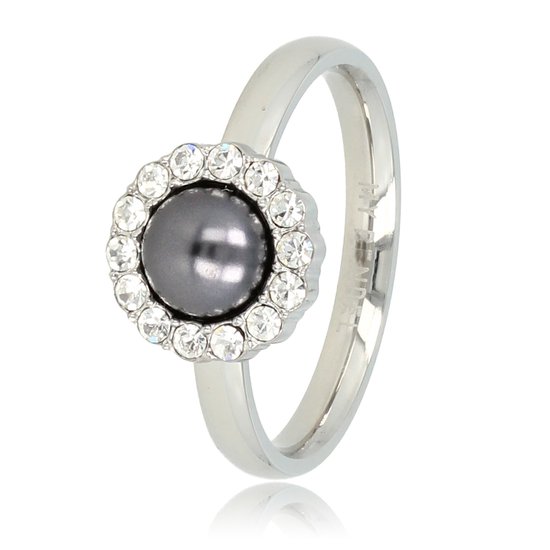 My Bendel - Ring zilverkleurig met zirkonia steentjes en zwarte parel - Zilverkleurige ring met een ronde zwarte parel versierd met zirkonia steentjes - Met luxe cadeauverpakking