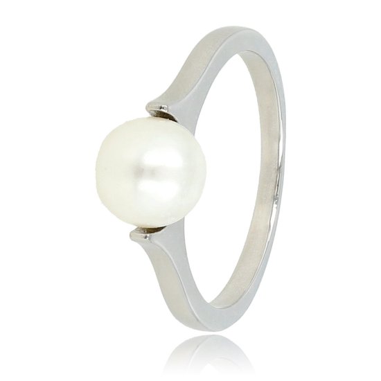 My Bendel - Ring zilverkleurig met grote witte parel - Zilverkleurige aanschuifring met grote witte parel - Met luxe cadeauverpakking