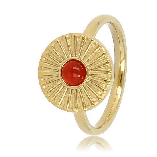 My Bendel - Ring goudkleurig zonnetje met Carnelian - Vrolijke goudkleurige edelstalen ring met een zonnetje en Carnelian edelsteen - Met luxe cadeauverpakking