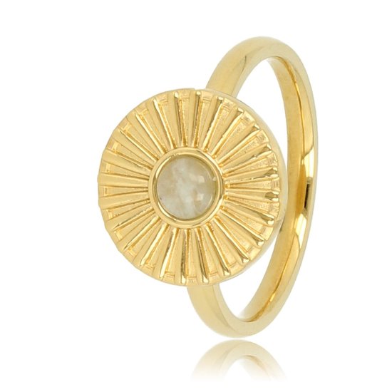 *My Bendel - Ring goud zonnetje met Amazonite - Vrolijke gouden edelstalen ring met een zonnetje en Amazonite edelsteen - Met luxe cadeauverpakking