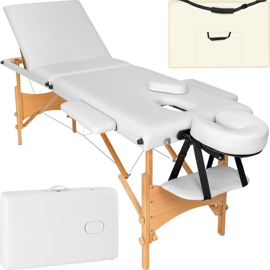 tectake® - Mobiele massagetafel behandeltafel 3 zones - 5 cm matras - incl. zwarte draagtas - wit - behandelbank – incl. opbergtas – opvouwbaar