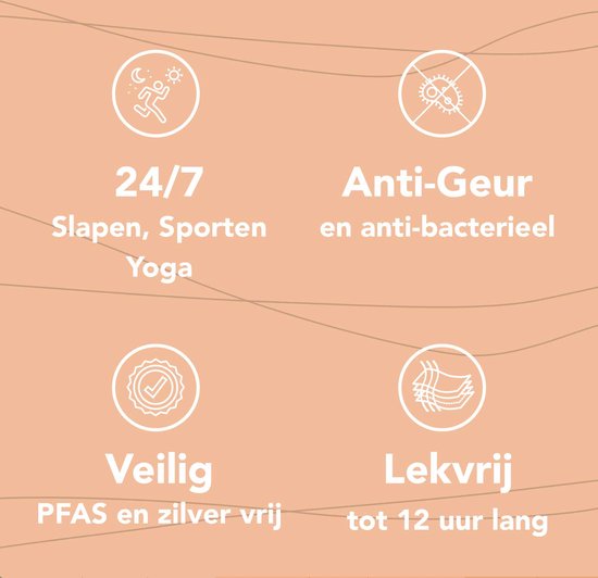 24/7 Dormir, Sport, Yoga. Anti-Odeur et antibactérien. Sûr sans PFAS ni argent. Anti-fuite jusqu'à 12 heures.