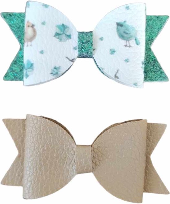 Setje Haarclips Leder - Meisjes Haarspelden - Kinder Haaraccessoires - Wit Groen Vogelprint - Beige