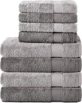 8-delige handdoekenset van 100% katoen, 4 badhanddoeken 70x140 en 4 handdoeken 50x100 cm, zachte badstof, groot, antraciet/zilver