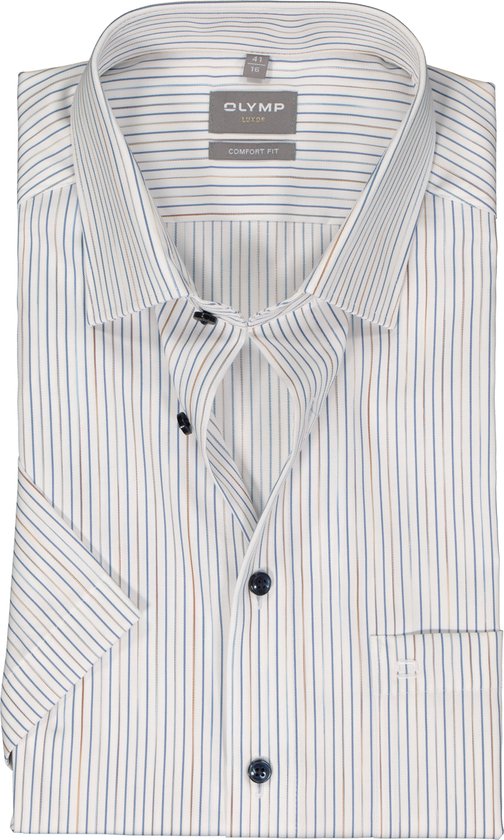 OLYMP comfort fit overhemd - korte mouw - popeline - wit met beige en blauw gestreept - Strijkvrij - Boordmaat: 48