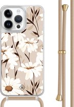 Casimoda® hoesje met beige koord - Geschikt voor iPhone 14 Pro Max - In Bloom - Afneembaar koord - TPU/polycarbonaat - Bruin/beige