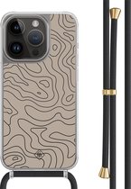 Casimoda® hoesje met zwart koord - Geschikt voor iPhone 14 Pro - Abstract Lines - Afneembaar koord - TPU/polycarbonaat - Bruin/beige