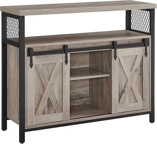 Buffet Greige-noir, Meuble de Cuisine avec 2 Portes coulissantes, 33x100x80 cm, Planches Réglables, Style Campagnard pour Salon