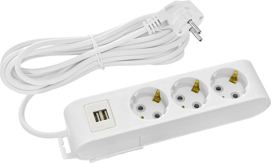 BESLED Stekkerdoos met USB - 5 Meter - 3 Stopcontacten; 2x USB - Randaarde en Overspanningsbeveiliging - Max. 3680W Belastbaar; 16A - Kinderbeveiliging - CE Gekeurd - Decon - Wit