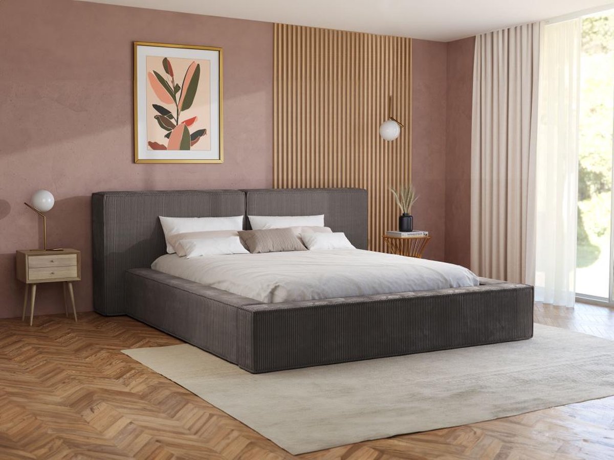 PASCAL MORABITO Bed met opbergruimte 160 x 200 cm - Ribfluweel - Taupe + matras - TIMANO L 226 cm x H 90 cm x D 252 cm