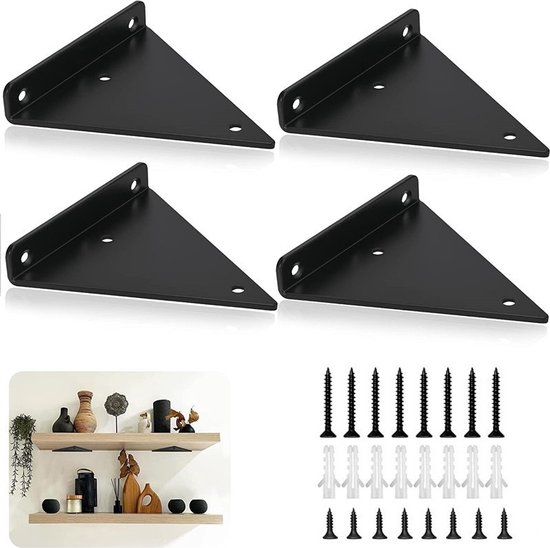 4 stuks zwevende plankbeugels-Zwart-Verborgen driehoekige muurbeugel voor doe-het-zelf of aangepaste wandplanken-80*100mm-Metalen wandplankbeugel-Met accessoires