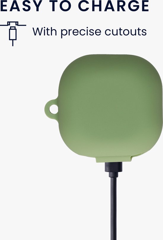 Groene oordopjes case met precieze uitsparingen voor opladen.