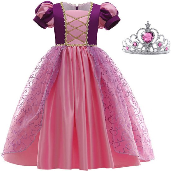Het Betere Merk - Prinsessenjurk meisje - Roze / Paarse jurk - maat 110/116 (120) - Verkleedkleding meisje - Kroon - Tiara - Carnavalskleding Kind - Kleed