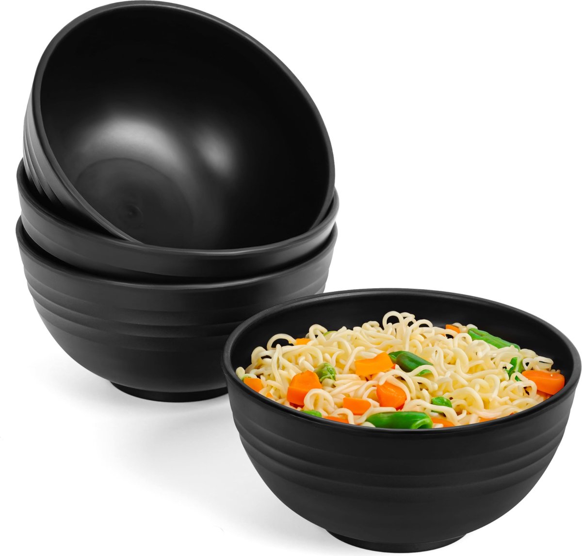 BELLE VOUS 4 Pak Zwart Plastic Herbruikbare Ontbijt Kommen 700 ml Serveer Kommen Set Onbreekbaar BPA Vrij Lichtgewicht Kommen voor Soep Noedels Fruit & Salade Magnetron en Vaatwasser Veilig