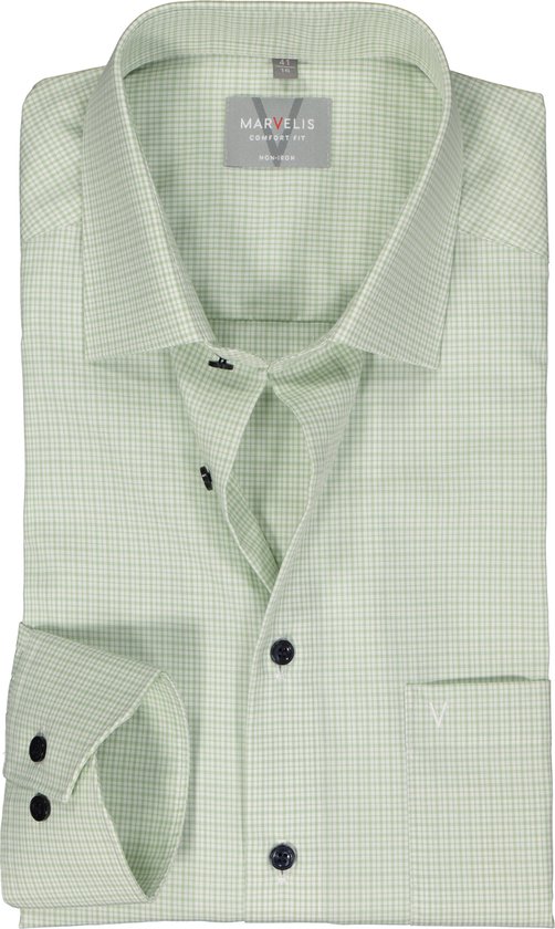 MARVELIS comfort fit overhemd - popeline - lichtgroen met wit geruit - Strijkvrij - Boordmaat: 46