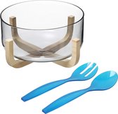Secret de Gourmet Saladekom/serveerschaal - glas - plastic slacouvert blauw - Dia 24 cm