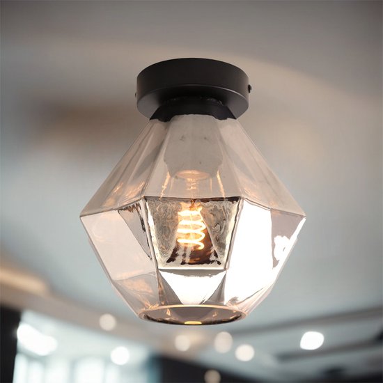 Olucia Anoek - Retro Plafondlamp - Glas/Aluminium - Grijs;Zwart - Overig - 20 cm