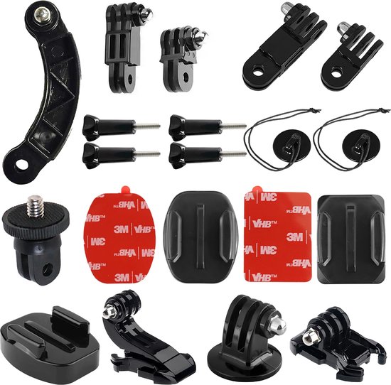 Vue d'ensemble de divers supports et accessoires GoPro noirs.