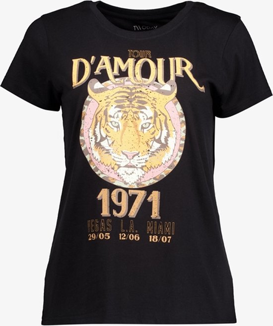 TwoDay dames T-shirt met tijgeropdruk - Zwart - Maat L