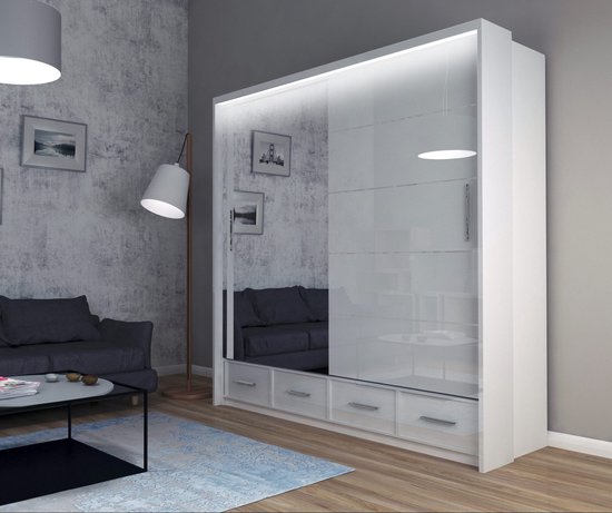 Armoire à portes coulissantes - Wit brillant - Armoire avec miroir - Planches - Tringle à vêtements - tiroirs - LED - 203 cm