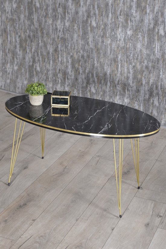 Table de salon | aspect marbre | Noir | Design luxueux | Marbre | Table d'appoint | Table basse ovale | Table de salon | Table basse (2049)