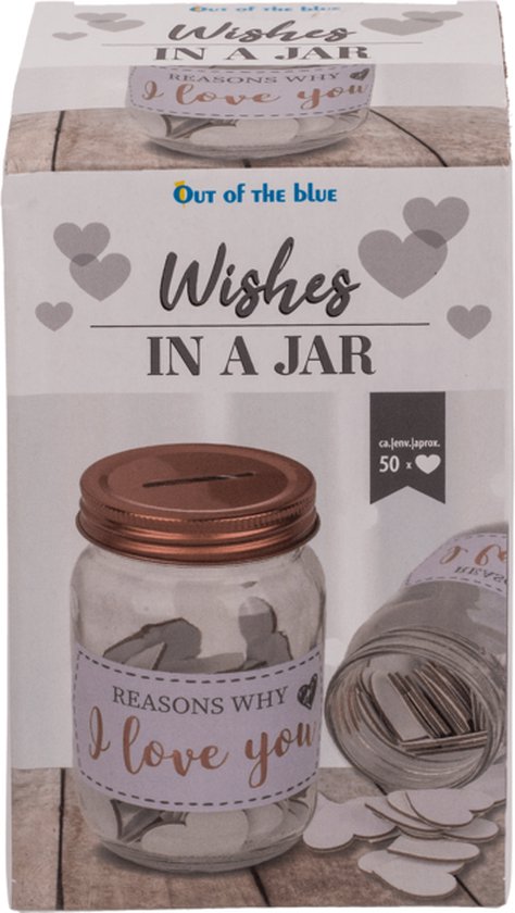 Doos met 'Wishes IN A JAR' erop. Bevat een glazen pot met koperkleurig deksel, gevuld met hartjes. De tekst 'REASONS WHY I love you' is zichtbaar.