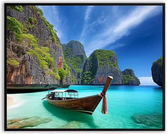 Phuket Thailand boot fotolijst met glas 40 x 50 cm - Prachtige kwaliteit - strand - boot - zee - Glazen plaat - inclusief ophangsysteem - Poster - Foto op hoge kwaliteit uitgeprint