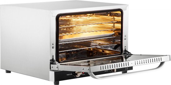 Foto: Elektrische tafeloven 47l 43qt kleine oven 1600w 4 laags mini elektrische oven met glazen deur aan de voorkant elektrische tafel top convectie oven met dienbladen draadrekken cliphandschoenen