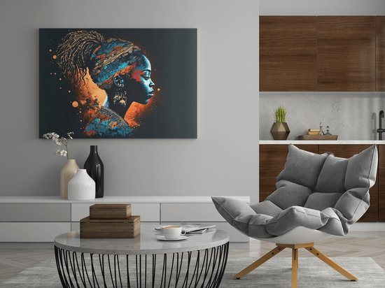 Canvas Schilderij - Afrikaanse Vrouw - Wanddecoratie - 90x60x2 cm