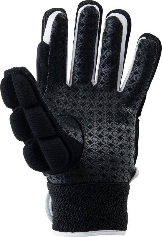 Zwarte "foam full finger" handschoen, palmzijde met patroon, witte randen.