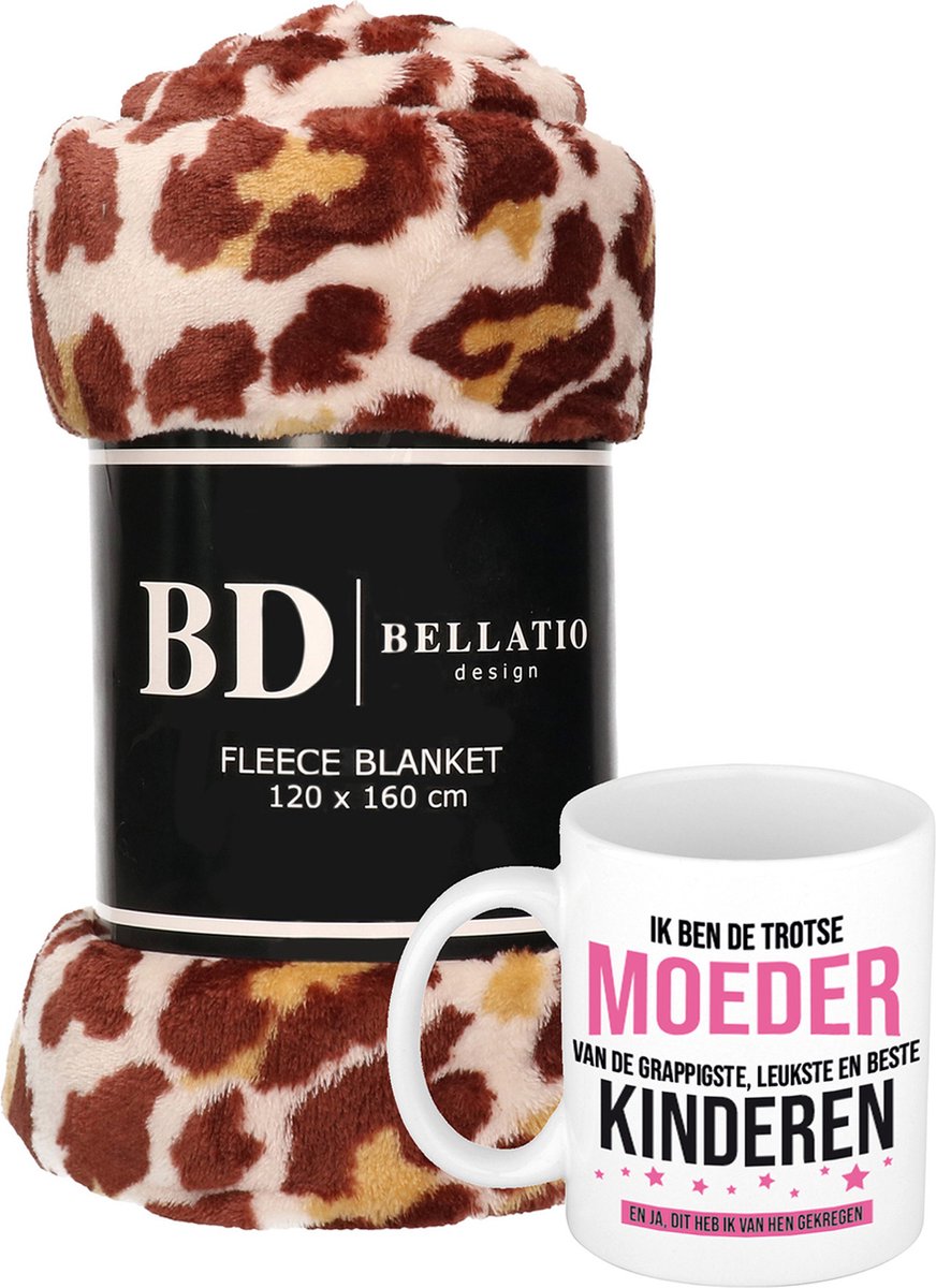 Cadeau moeder set - Fleece plaid/deken panter print met Trotse moeder mok - Mama ontspanning cadeau kerst, moederdag, verjaardag