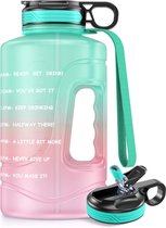 Motiverende waterfles met tijdmarkeringen en rietje, 2,2 liter, grote sportwaterkan met handvat, BPA-vrije lekvrije waterflessen voor fitness, sportschool en buitensport (groen)