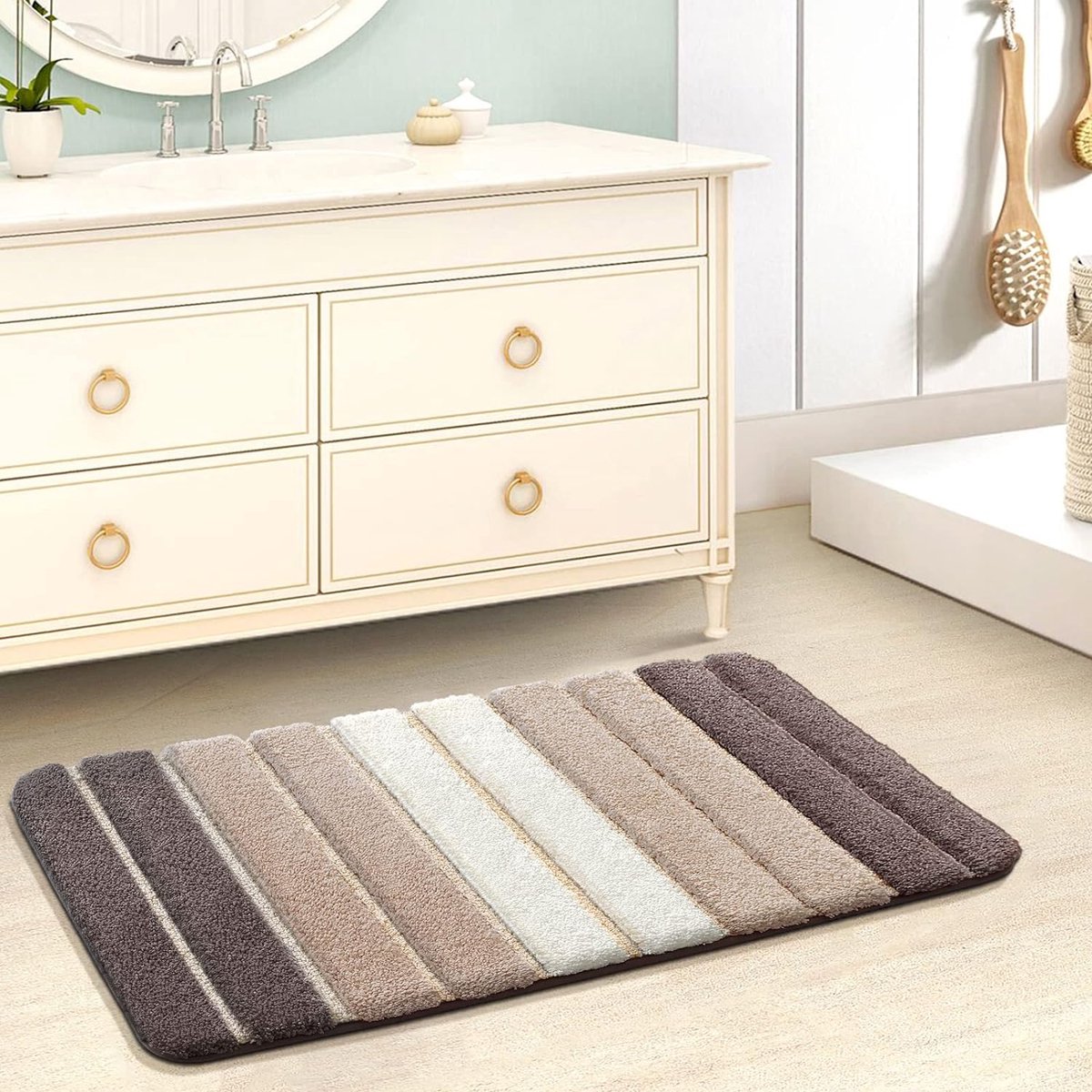 Badmat, 60 x 110 cm, antislip, zeer absorberend water, machinewasbaar, microvezel absorberende badkamervloermat, beige