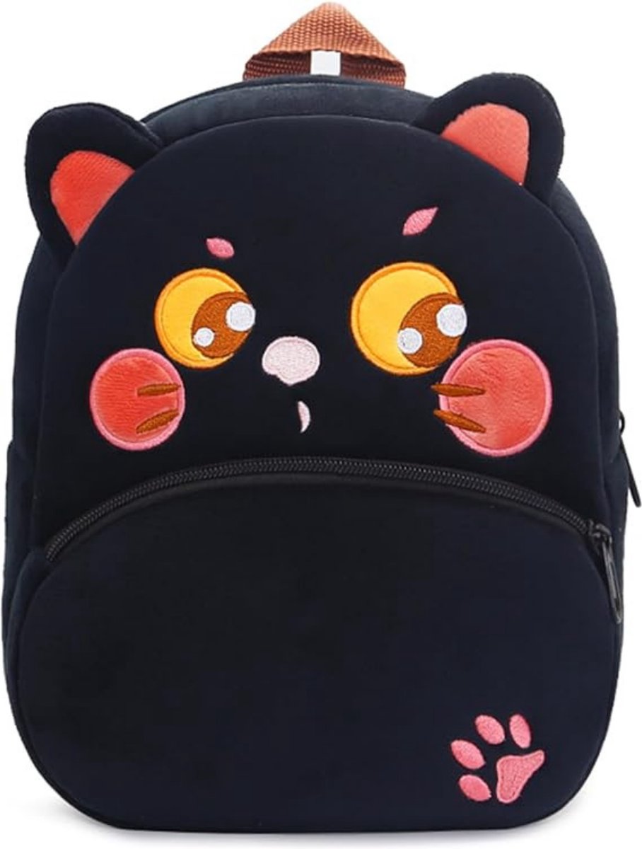 BoefieBoef Kat Zwart Kinder Rugzak - Zacht Pluche Peuter-Kleuter Dieren Rugtas - Lengte 80-120 cm 0-5 jaar - Ergonomisch & Wasbaar - Baby Backpack - Jongen of Meisje - Cadeau Verjaardag, Sinterklaas & Kerst - Gymtas, Schooltas, Boekentas & BSO - poes