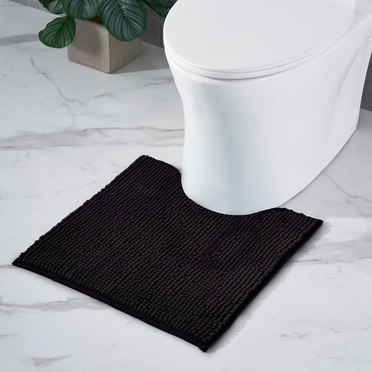 Badmat Anti-Slip av soft Chenille | Super absorberend en machinewasbaar | Te combineren als badmat set | Voor de badkamer, douche, bad of als WC mat | Zwart - 45x45 cm WC