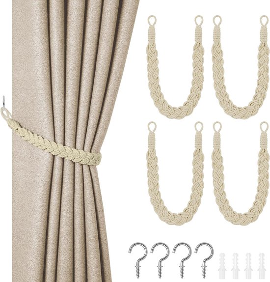 Attaches de rideau en corde de coton naturel, 4 pièces support de rideau, attaches de rideau tricotées à la main, attaches de rideau tressées pour accessoires de rideau de bureau d'hôtel à la maison - blanc cassé