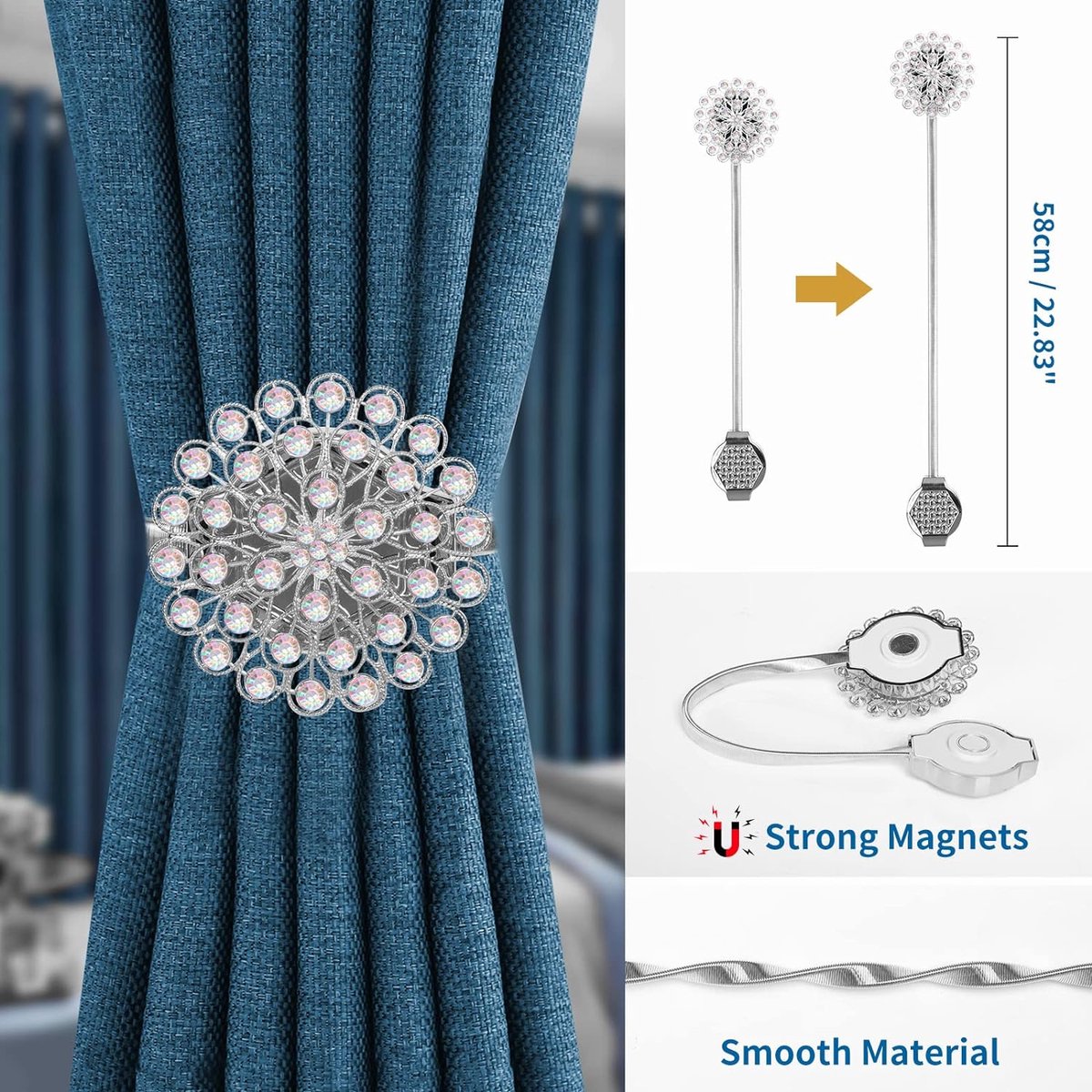 Crystal Decor Gordijn Tiebacks, 2 Pack Magnetische Tieback, Kristal Bloem Gordijn Tiebacks met Hoge Elastische Draad Tie, Bloem Gordijn Gesp voor Thuis, Kantoor en Raam (Zilverkleurig)