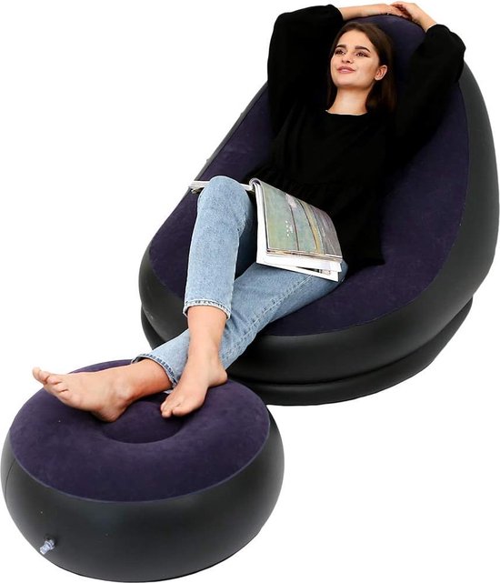 Canapé/chaise de loisirs gonflable et repose-pieds, pliable, pour extérieur, floqué, bleu