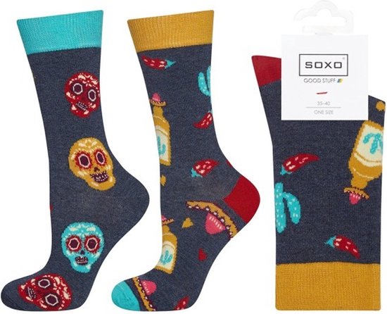 SOXO Dames Sokken met Mexicaanse Afbeeldingen - Donkerblauw/Geel - Maat 35-40