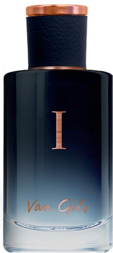 Donkerblauwe fles met gouden dop, "I" en "Van Gils".