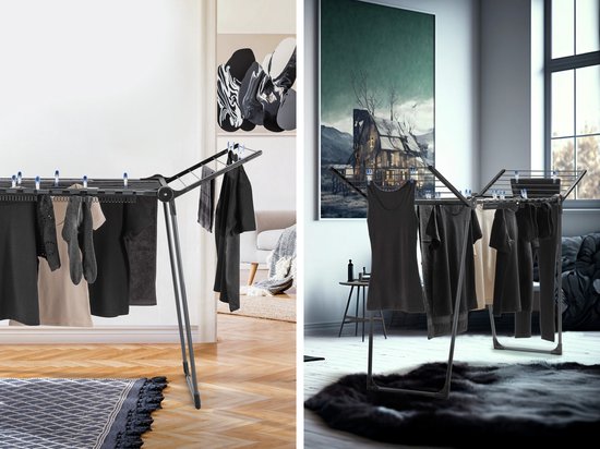 Collage van twee afbeeldingen: droogrek met kleding binnen en buiten.