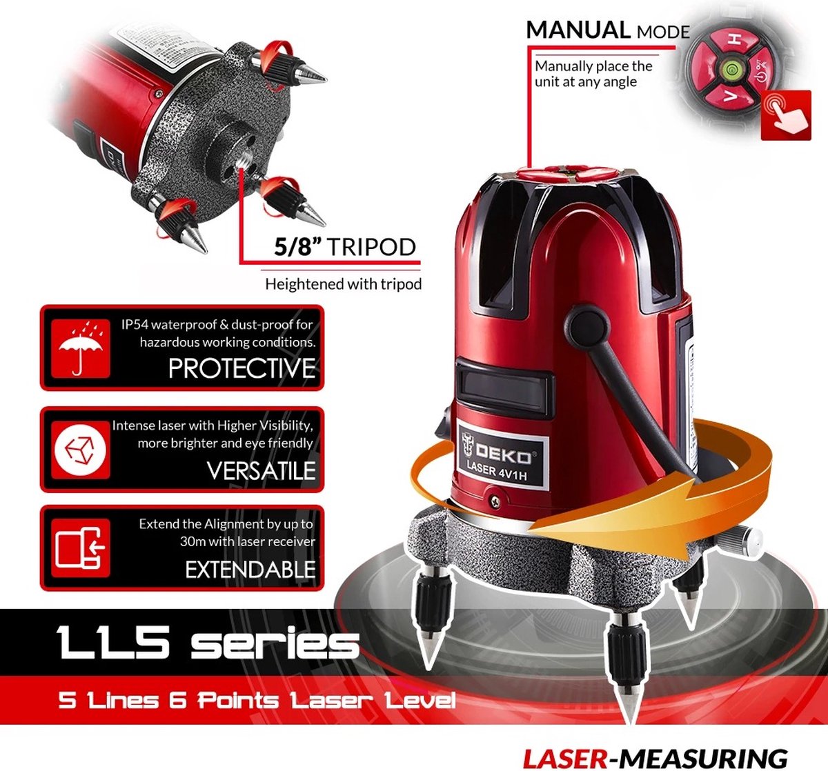 Laser - Laser Waterpas - LL5 Serie 5-Lijn & 6 Punten Laser - Rood/Groene Laser - In hoogte Verstelbaar - 360 Graden - Kruislijnlaser Met Statief - Lijnlaser - Deko®