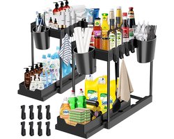 Gootsteenkast Organizer - Opslag Onder de Gootsteen - Uitschuifbaar - Antislip - Keuken Organizers - Organizer - Gootsteenrek – Keukenlade - 2 niveaus - Zwart