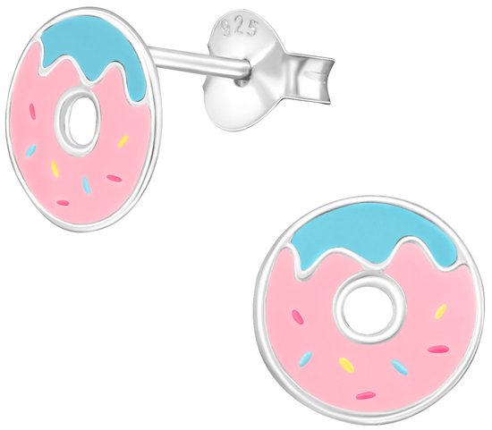 Joy|S - Zilveren donut oorbellen - 8 mm - roze blauw - oorknoppen voor kinderen
