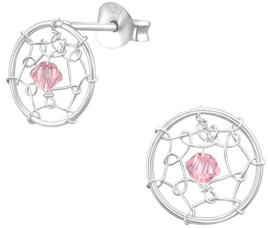 Joy|S - Zilveren droomvanger oorbellen - roze Swarovski kristal - 10 x 10 mm dromenvanger oorknoppen